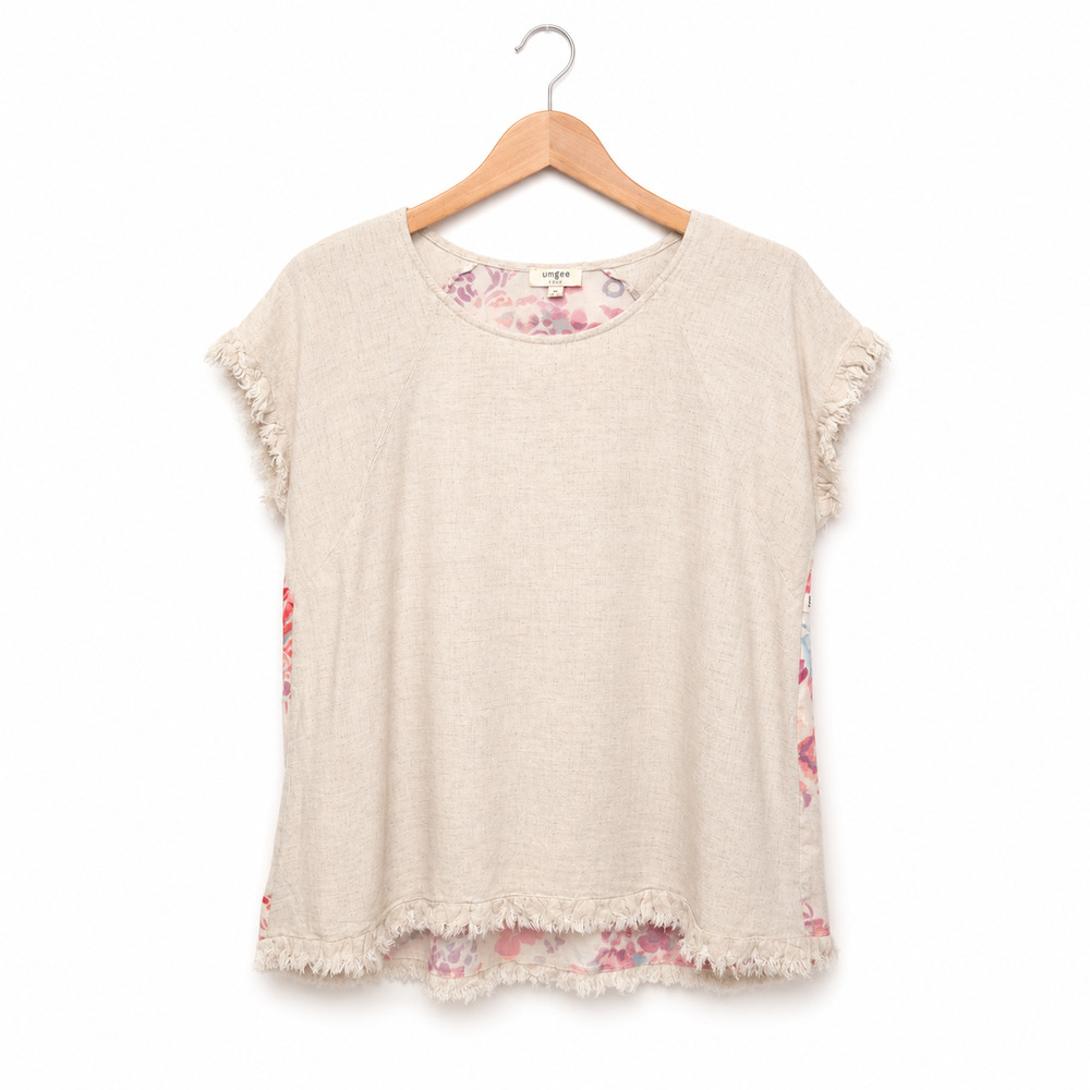 Umgee Top Womens Size Medium Linen Blend Fringe Trim Mixed Media Floral Print